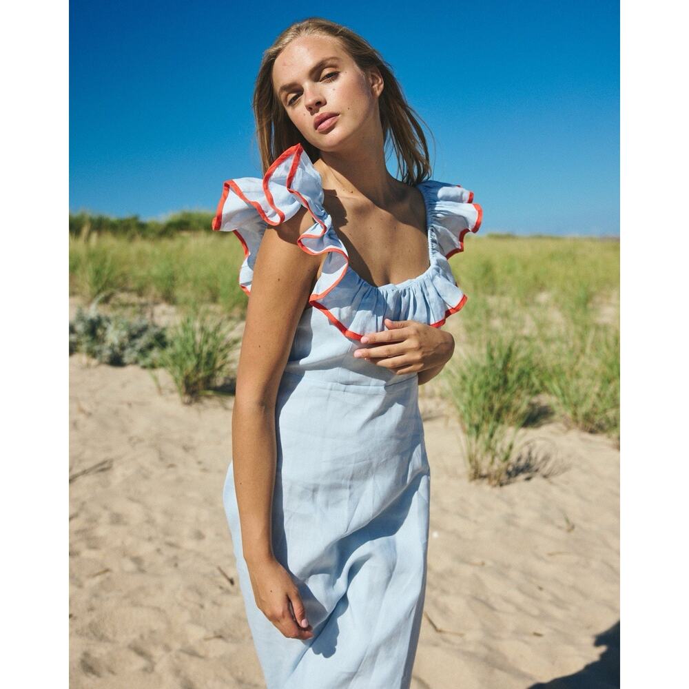 Louise New York Parker Light Blue Linen Ruffle Maxi Dress L